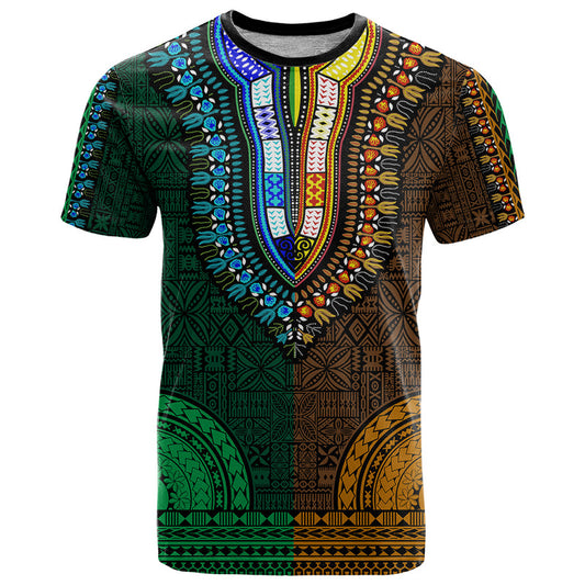 African Dashiki With Tapa Pattern - Half Green and Gold T Shirt