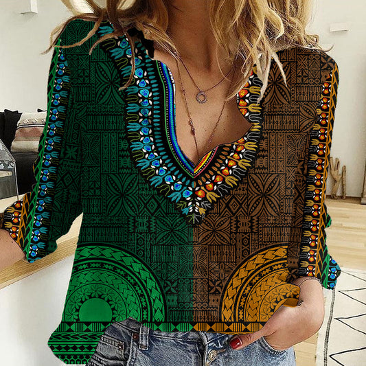African Dashiki With Tapa Pattern - Half Green and Gold Women Casual Shirt