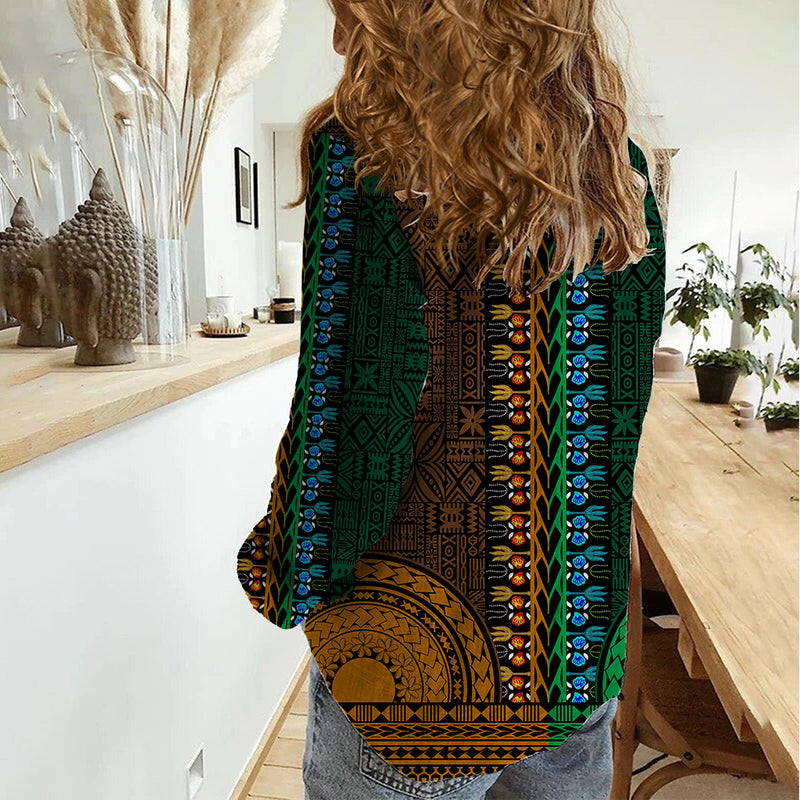 African Dashiki With Tapa Pattern - Half Green and Gold Women Casual Shirt