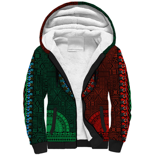 African Dashiki With Tapa Pattern - Half Green and Red Sherpa Hoodie