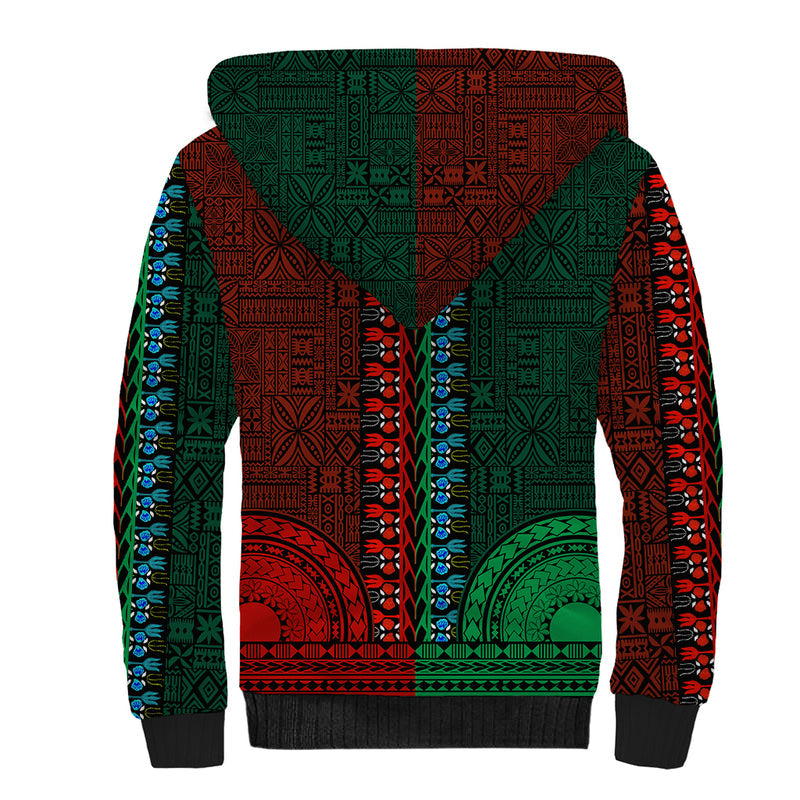 African Dashiki With Tapa Pattern - Half Green and Red Sherpa Hoodie