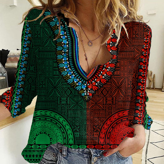 African Dashiki With Tapa Pattern - Half Green and Red Women Casual Shirt