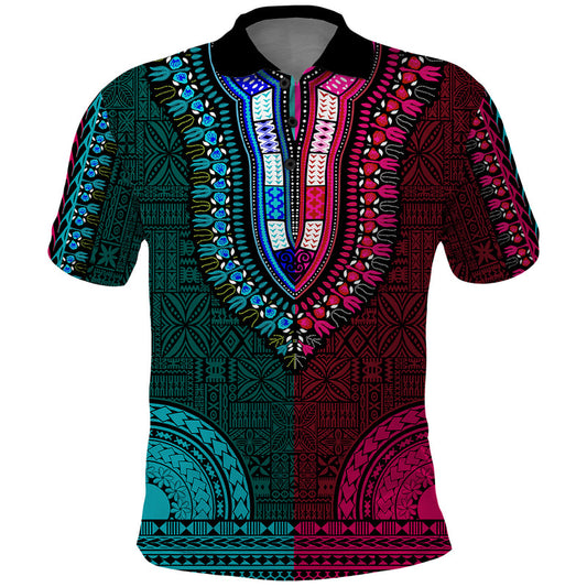 African Dashiki With Tapa Pattern - Half Teal and Pink Polo Shirt