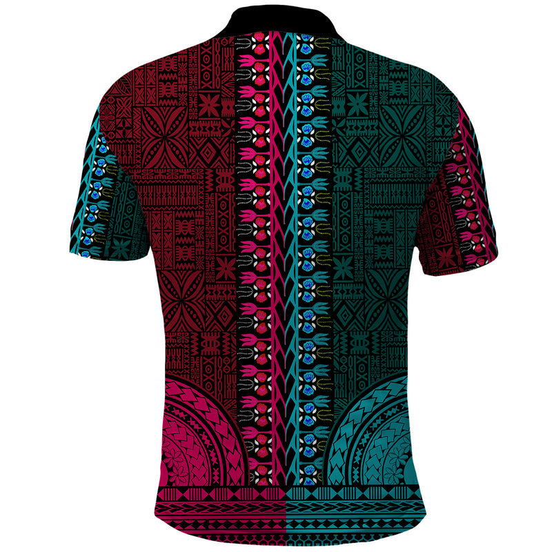 African Dashiki With Tapa Pattern - Half Teal and Pink Polo Shirt