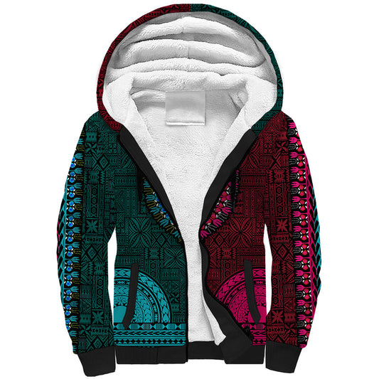 African Dashiki With Tapa Pattern - Half Teal and Pink Sherpa Hoodie