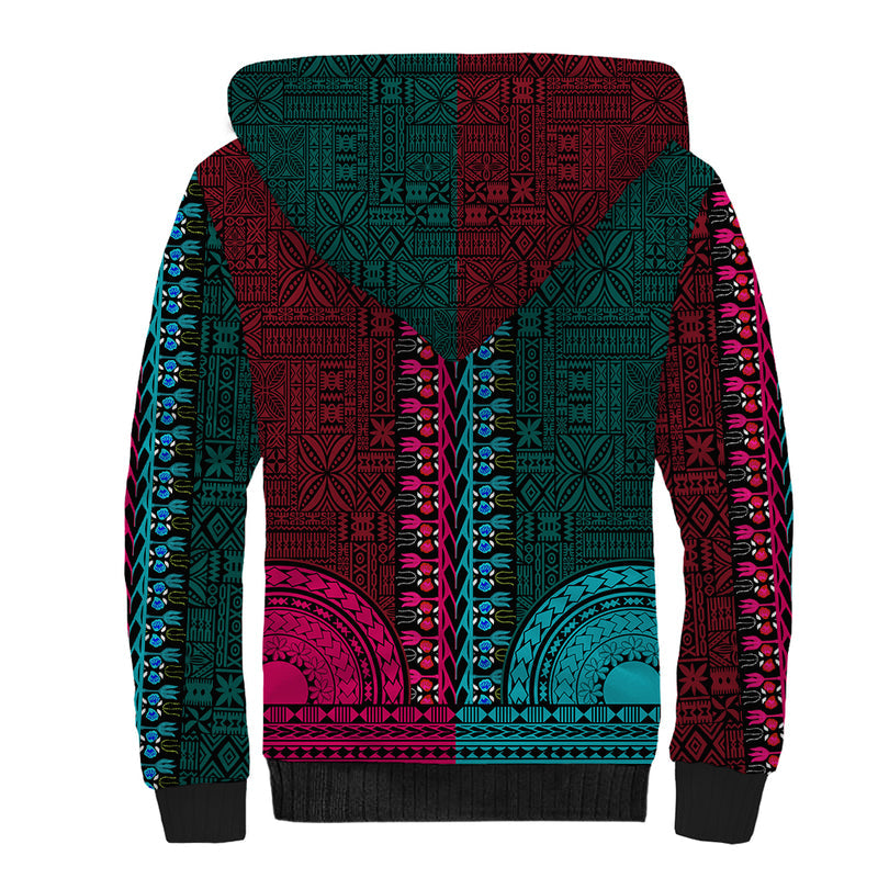 African Dashiki With Tapa Pattern - Half Teal and Pink Sherpa Hoodie