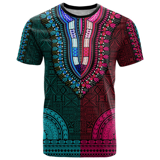 African Dashiki With Tapa Pattern - Half Teal and Pink T Shirt