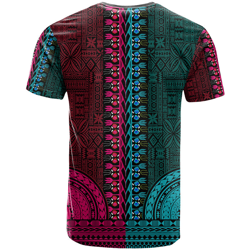 African Dashiki With Tapa Pattern - Half Teal and Pink T Shirt