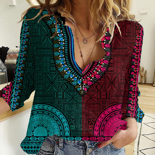 African Dashiki With Tapa Pattern - Half Teal and Pink Women Casual Shirt