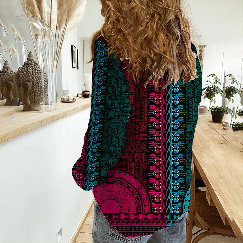 African Dashiki With Tapa Pattern - Half Teal and Pink Women Casual Shirt