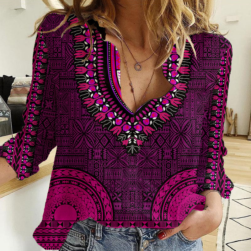 African Dashiki With Tapa Pattern - Pink Women Casual Shirt
