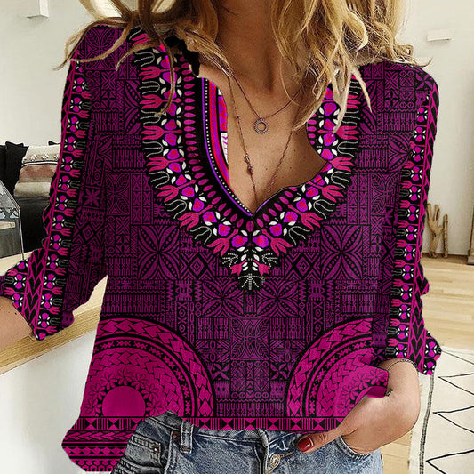 African Dashiki With Tapa Pattern - Pink Women Casual Shirt
