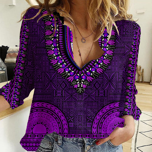 African Dashiki With Tapa Pattern - Purple Women Casual Shirt