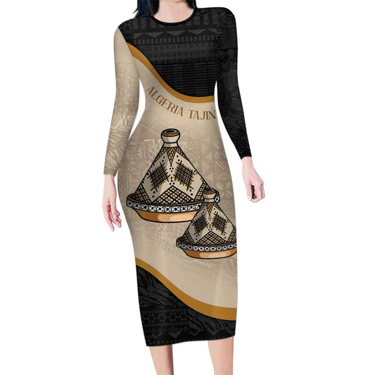 Algeria Tajine Dish With African Tribal Pattern Long Sleeve Bodycon Dress