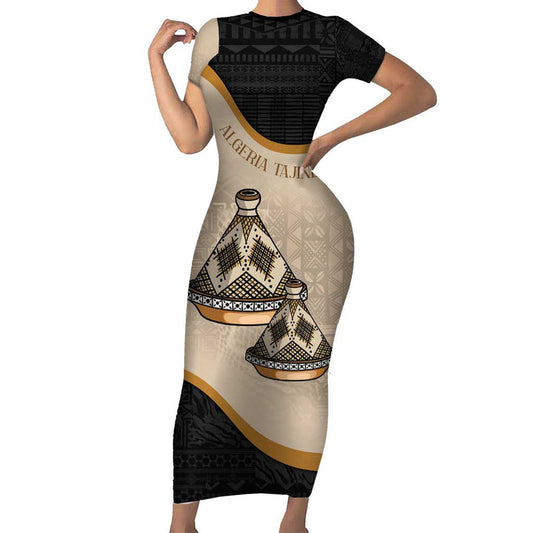 Algeria Tajine Dish With African Tribal Pattern Short Sleeve Bodycon Dress
