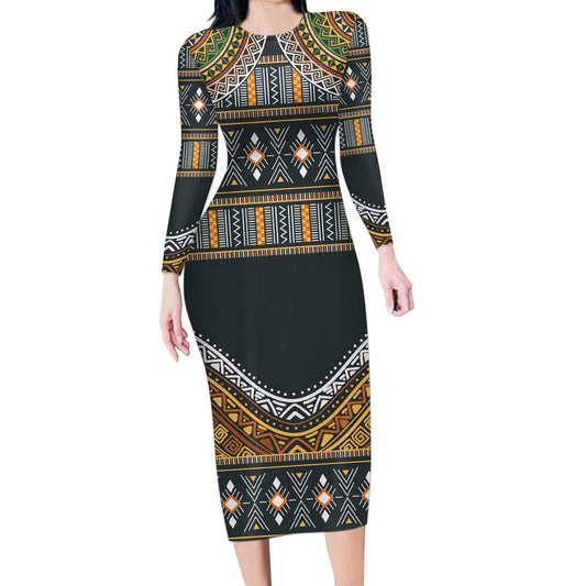Africa Ethnic Native Pattern Long Sleeve Bodycon Dress