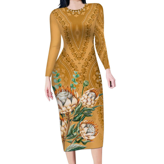 Africa King Proteas Dashiki Motif Gold Style Long Sleeve Bodycon Dress