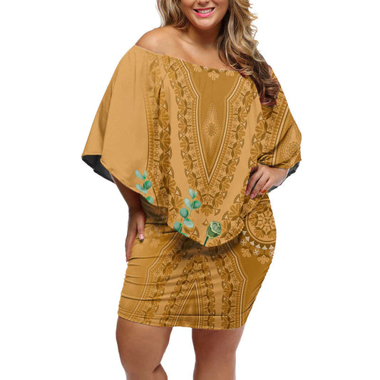 Africa King Proteas Dashiki Motif Gold Style Off Shoulder Short Dress