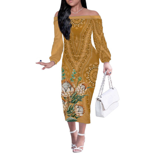 Africa King Proteas Dashiki Motif Gold Style Off The Shoulder Long Sleeve Dress