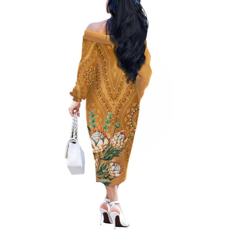 Africa King Proteas Dashiki Motif Gold Style Off The Shoulder Long Sleeve Dress