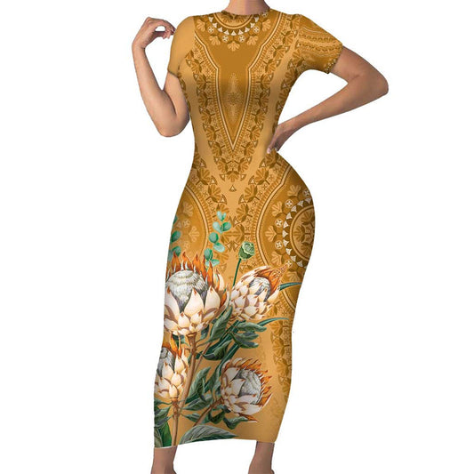Africa King Proteas Dashiki Motif Gold Style Short Sleeve Bodycon Dress