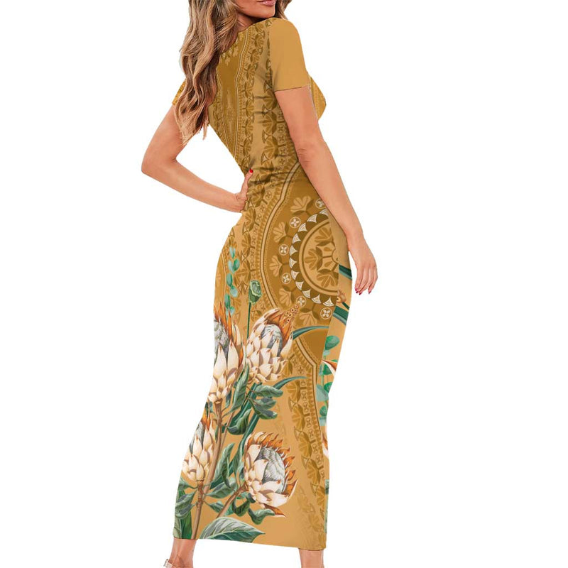 Africa King Proteas Dashiki Motif Gold Style Short Sleeve Bodycon Dress