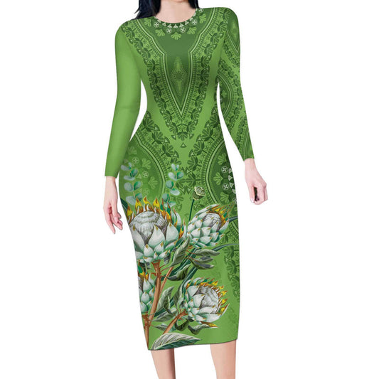 Africa King Proteas Dashiki Motif Green Style Long Sleeve Bodycon Dress
