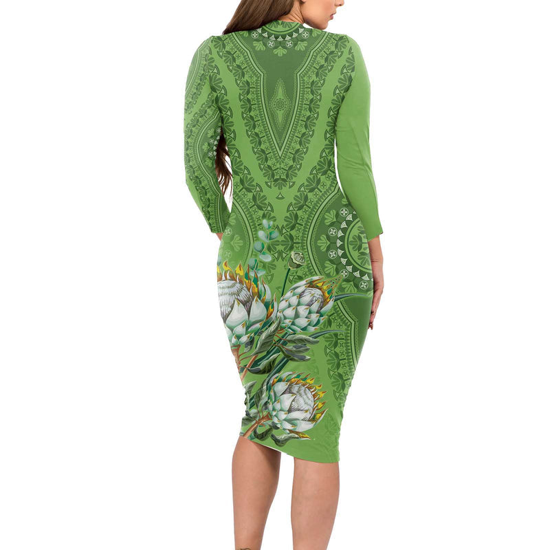 Africa King Proteas Dashiki Motif Green Style Long Sleeve Bodycon Dress