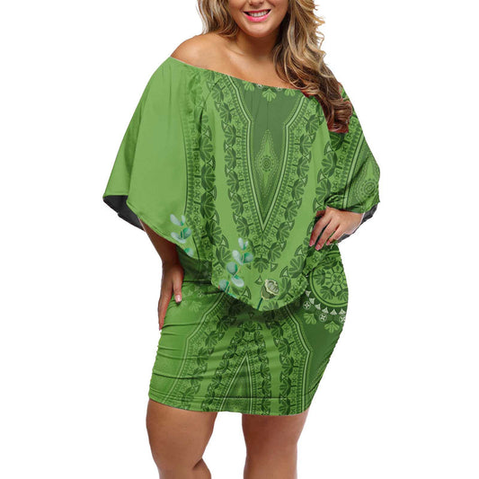 Africa King Proteas Dashiki Motif Green Style Off Shoulder Short Dress