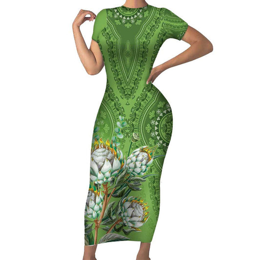Africa King Proteas Dashiki Motif Green Style Short Sleeve Bodycon Dress