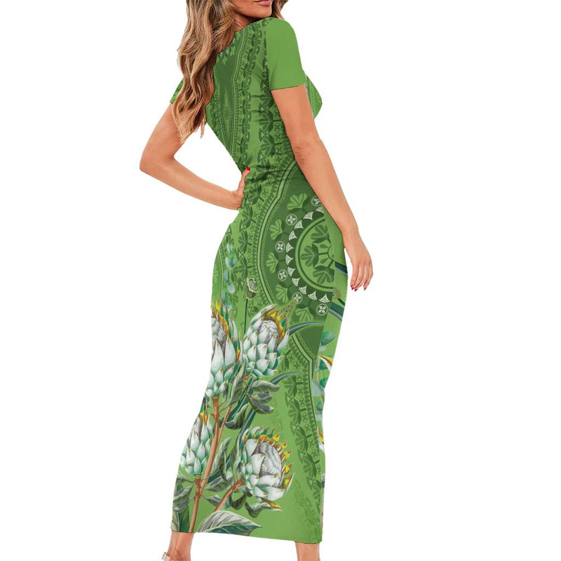 Africa King Proteas Dashiki Motif Green Style Short Sleeve Bodycon Dress