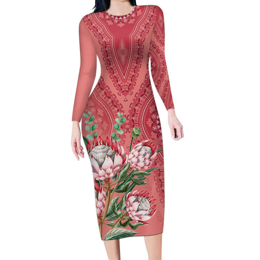 Africa King Proteas Dashiki Motif Peach Style Long Sleeve Bodycon Dress