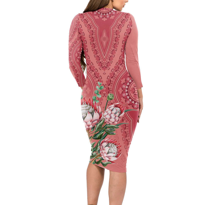 Africa King Proteas Dashiki Motif Peach Style Long Sleeve Bodycon Dress