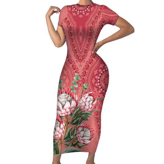 Africa King Proteas Dashiki Motif Peach Style Short Sleeve Bodycon Dress