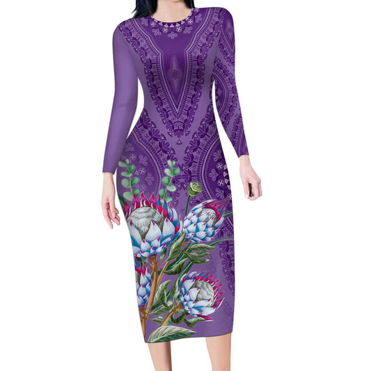 Africa King Proteas Dashiki Motif Violet Style Long Sleeve Bodycon Dress