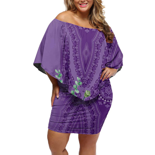 Africa King Proteas Dashiki Motif Violet Style Off Shoulder Short Dress