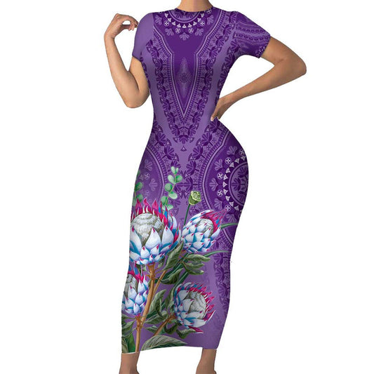 Africa King Proteas Dashiki Motif Violet Style Short Sleeve Bodycon Dress