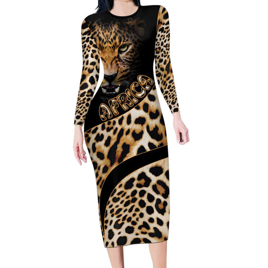 Africa Leopard Skin Pattern Version 01 Long Sleeve Bodycon Dress
