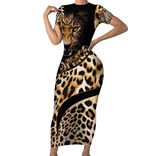Africa Leopard Skin Pattern Version 01 Short Sleeve Bodycon Dress