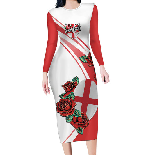 Custom England Rugby Red Rose Sporty Style Long Sleeve Bodycon Dress