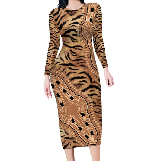 Africa Tiger Mix Dashiki Tribal Pattern Long Sleeve Bodycon Dress