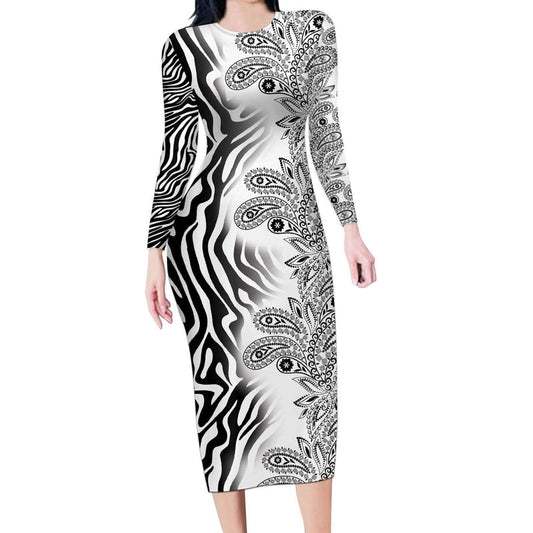 Africa Zebra Mix Paisley Tribal Pattern Long Sleeve Bodycon Dress
