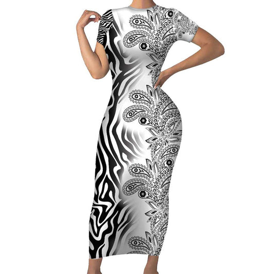 Africa Zebra Mix Paisley Tribal Pattern Short Sleeve Bodycon Dress