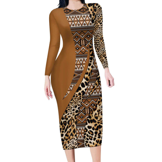 Africa Leopard Mix Native Tribal Pattern Long Sleeve Bodycon Dress