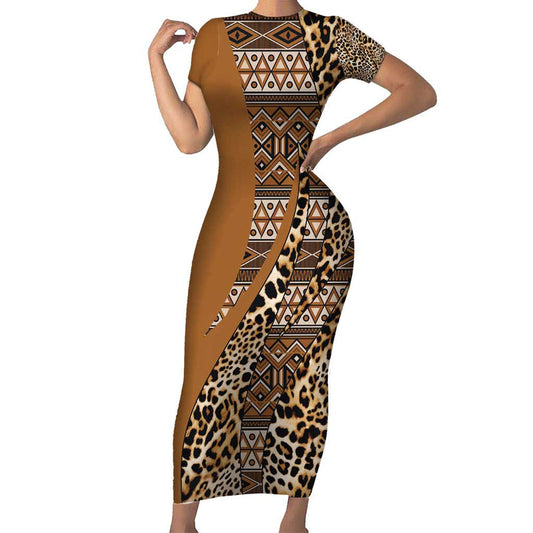 Africa Leopard Mix Native Tribal Pattern Short Sleeve Bodycon Dress