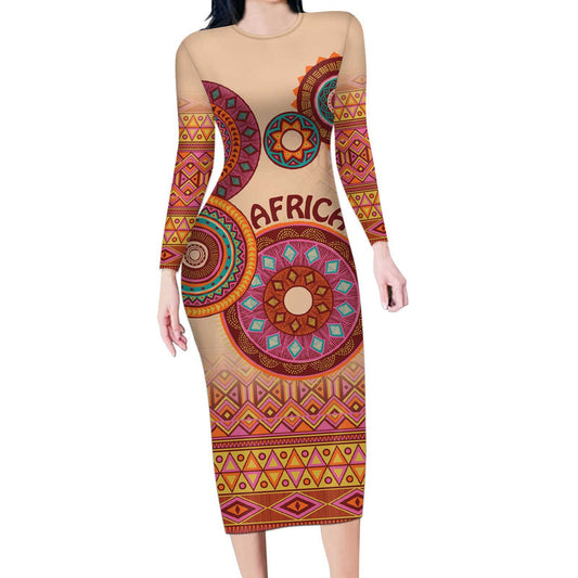 Africa Tribal Traditional Pattern Beige Motif Long Sleeve Bodycon Dress
