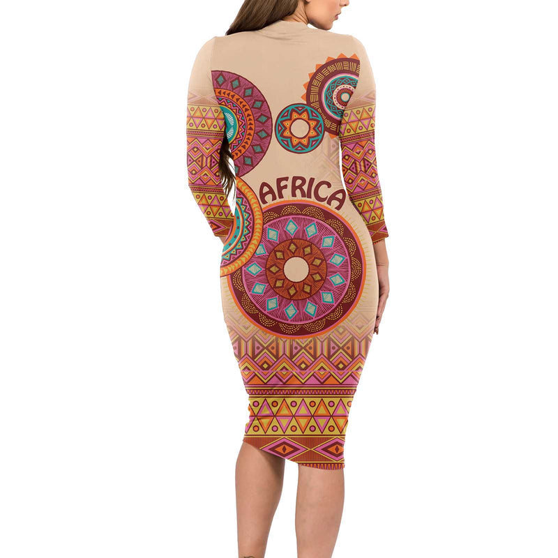 Africa Tribal Traditional Pattern Beige Motif Long Sleeve Bodycon Dress