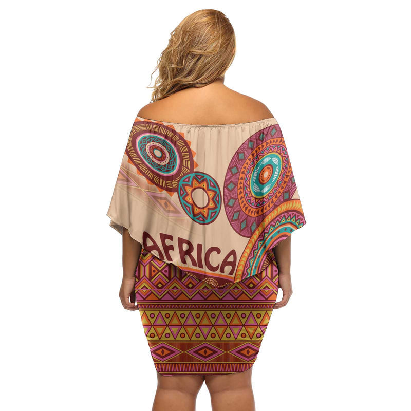 Africa Tribal Traditional Pattern Beige Motif Off Shoulder Short Dress
