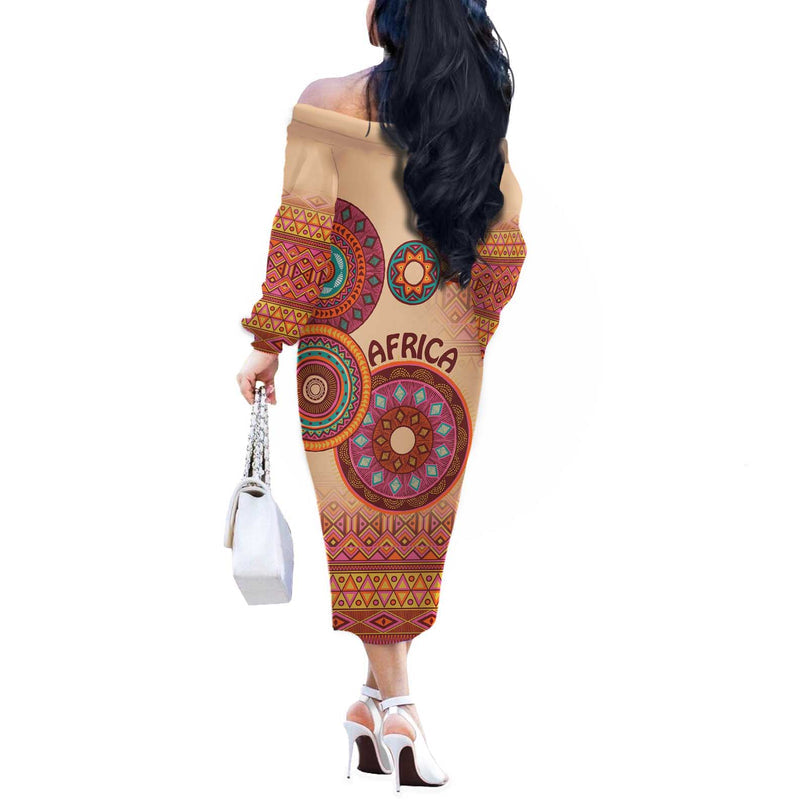 Africa Tribal Traditional Pattern Beige Motif Off The Shoulder Long Sleeve Dress