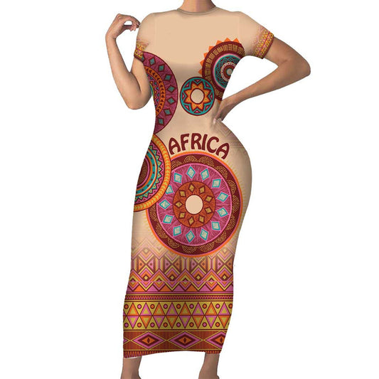 Africa Tribal Traditional Pattern Beige Motif Short Sleeve Bodycon Dress